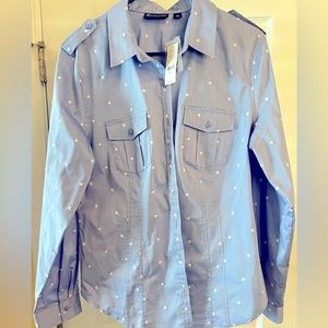 NWT - NY&C Soft Denim Blue with White Polka Dots Button Down Blouse. NEVER WORN